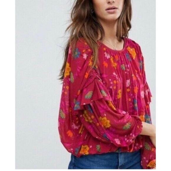 Free People Wildflower Honey Top Size S in cranberry floral - Picture 1 of 8